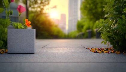 Urban garden at sunset, flowers in concrete planters, scattered colorful beads on pavement, blurred city background
