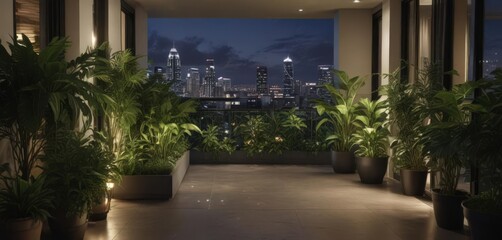 Lush plants grace a modern condo balcony, overlooking city lights,  real estate,  night view,  stylish