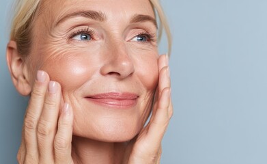 A 50-year-old model, who is a middle-aged woman with a smile, applies an anti-aging skin cream and rubs in a moisturizer on her face while standing in front of a blue background