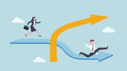 Woman sprints toward success man slides backward contrasting paths business choices strategic
