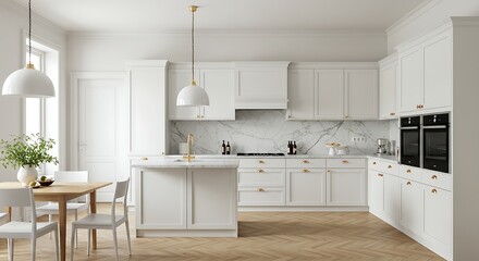 Bright and airy kitchen with marble backsplash and center island.