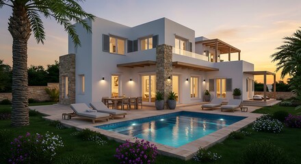 Modern luxury villa with pool in a tropical garden setting