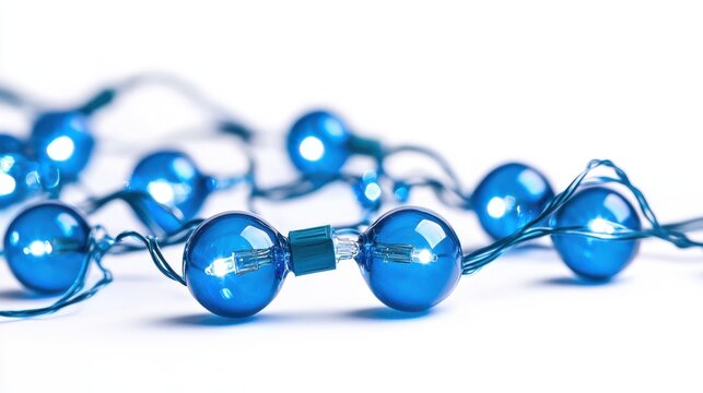 Close up of Blue Spherical LED String Lights on White Background - Powered by Adobe
