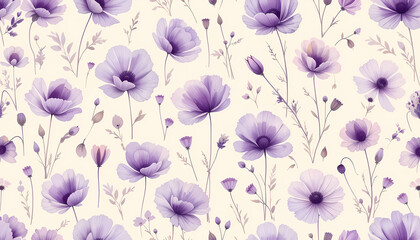 Delicate Purple Floral Pattern Seamless Watercolor Design with Botanical Elements
