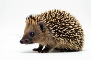 Obraz premium Brown hedgehog on white, facing left, spiny detail visible, wildlife photo, brown