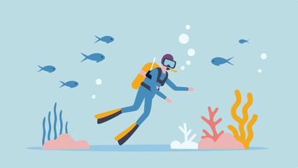 Naklejka premium Underwater scuba diver exploring vibrant coral reef playful fish swim nearby serene ocean scene