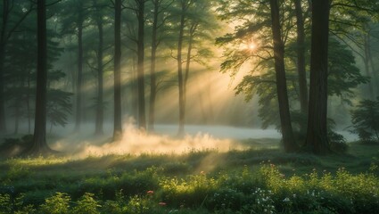 Obraz premium Sunlit Forest: A serene forest bathed in ethereal sunlight, with rays of light piercing through the mist, creating a mystical and captivating atmosphere, bringing out the freshness of the forest.