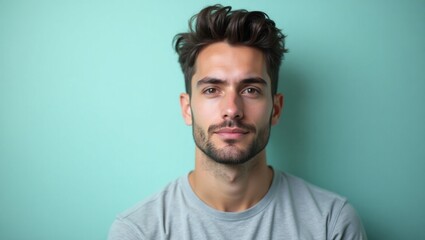 Vram. Male vulnerability exposed. Male man model isolated background. Lonely mans introspective gaze reveals his vulnerability through his worn gray shirt and rugged facial hair.