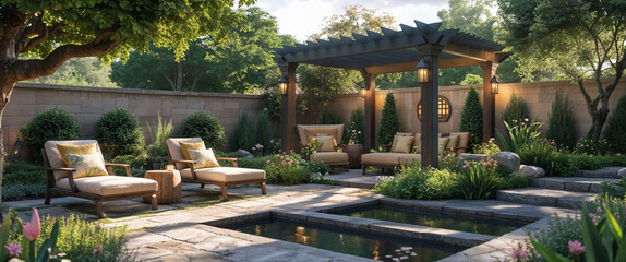 Luxurious outdoor living space featuring lounge chairs pergola and reflecting pool for relaxation