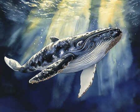 watercolor pictures Majestic whale swimming in serene ocean waters.