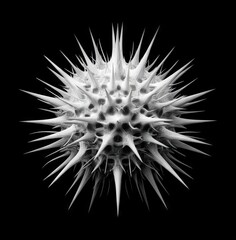 A 3D rendering of abstract art in monochrome black and white, featuring a surreal cyber sphere with a fractal structure and sharp needles, undergoing a deformation process