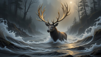 Majestic Stag wading through turbulent waters with forest backdrop
