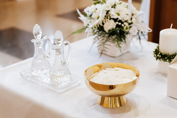 Golden Chalice Filled with Eucharist Hosts in Catholic Church