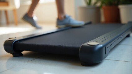 Walking Pad. Desk treadmill Vibration Machine Vr mat Push up board Smart scale Therabody Eight Sleep Gembah Heelium Close-up black with running feet indoors fitnes
