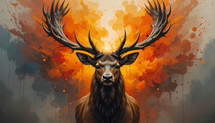 Majestic Deer Portrait with Abstract Orange and Brown Background