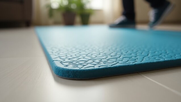 Walking Pad. Treadmill for feet. Trend product close-up. Small, self-contained treadmill for feet stands on tiled floor, like tiny, personal escape. - Powered by Adobe