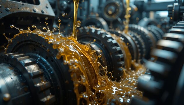 Industrial machinery oil flowing through gears manufacturing plant close-up image mechanical environment dynamic viewpoint engineering concept for seo impact