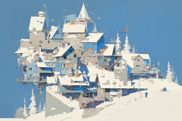 Naklejka premium Snowy village nestled on a hillside, with colorful houses against a bright sky