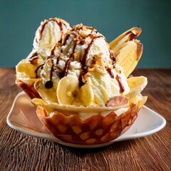 Delicious Banana Split, ice cream scoops with chocolate syrup topping waffle bowl and banana slices