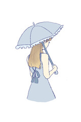 This illustration shows a woman with long blonde hair holding a parasol.