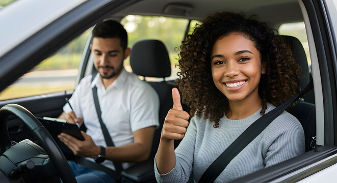 Young Woman Gives Thumbs Up During Driving Lesson with Instructor in Car with Natural Light and Green Background