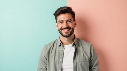 Webhook. Smiling bearded man casual shirt standing front pastel pink b