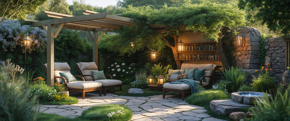 Obraz premium Serene outdoor reading nook with comfortable loungers and enchanting lantern lighting