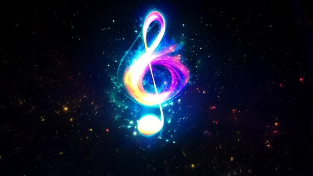 Glowing musical note shaped galaxy swirls in vibrant nebula colors with stardust trails on dark cosmic background