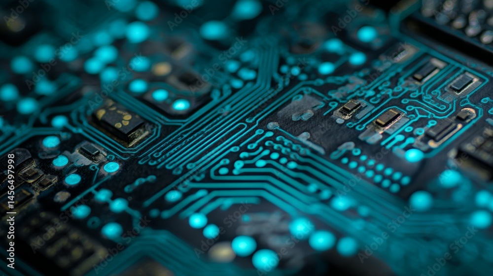 Poster a futuristic server with a circuit board processes code on a printed circuit board set against a blu