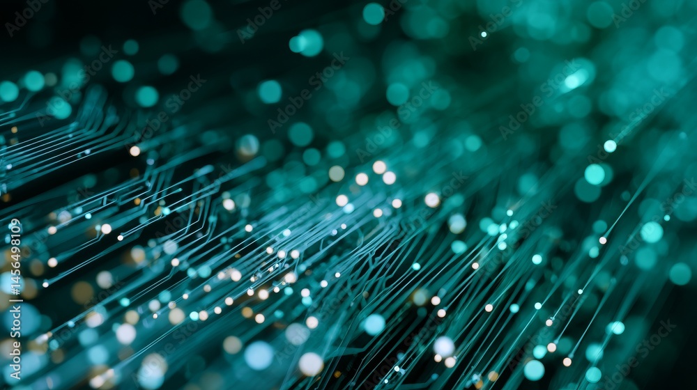 Poster a printed circuit board serves as the backdrop for a futuristic server processing code, surrounded b