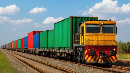 Obraz premium A colorful freight train hauling shipping containers travels along railroad tracks under a blue sky with clouds.
