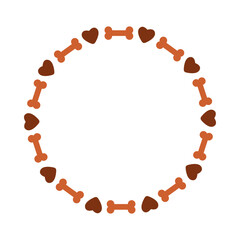 Vector round frame with hearts and bones for dog lovers in brown colors. Circle pet friendly with copy space for text. Isolated decorative element for pet shop and veterinary, banners, posters