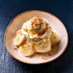 Delicious Banana Split, ice cream scoops with chocolate syrup topping waffle bowl and banana slices