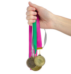 Gold medal on ribbon in hand on white background isolation