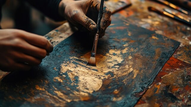 Artist's hands meticulously applying gold paint to a canvas using a brush.  A rich palette of dark colors surround the work in progress