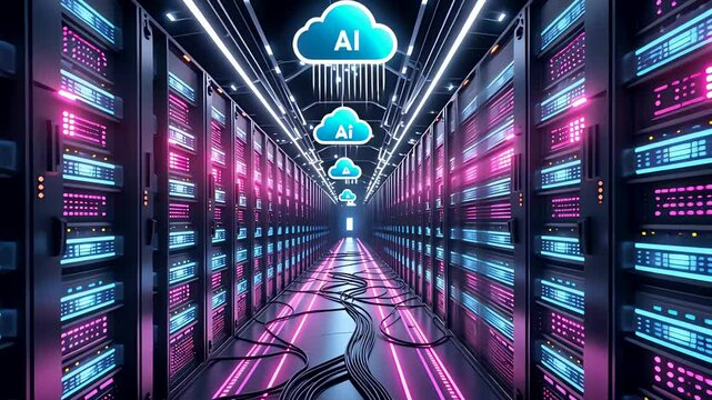 Neon Lit AI Cloud Servers in Futuristic Data Center