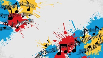 Colorful Musical Notes Flowing On Solid White Background With Vibrant Paint Splashes, Creating An Abstract Grunge Design. Ideal For Creative Projects, Artistic Backgrounds, And Music-Themed Visuals.	
