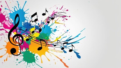 Colorful Musical Notes Flowing On Solid White Background With Vibrant Paint Splashes, Creating An Abstract Grunge Design. Ideal For Creative Projects, Artistic Backgrounds, And Music-Themed Visuals.	
