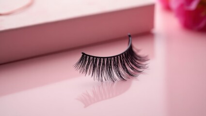 Wet Look Lashes. Black false eyelash close-up on pink surface for make