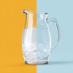 Clear glass pitcher filled with fresh water against a vibrant yellow and blue background showcasing bubbles and reflections in a minimalist style