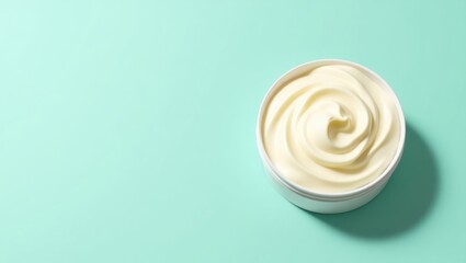 Whipped Body Butter. White cream swirl container on blue background sk