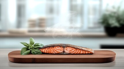A perfectly cooked salmon fillet rests on a wooden board, steaming gently.  Fresh basil adds a touch of color