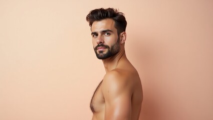 Fototapeta premium Whole Body Deodorant. Handsome muscular man with beard looking sideway
