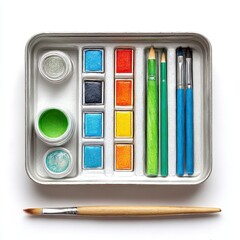 Naklejka premium Organized Artist's Watercolor Paint Set with Pencils and Brushes