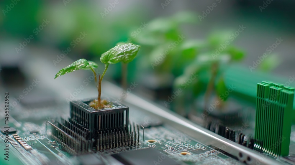 Poster a tree is situated at the intersection of a computer circuit board, symbolizing green computing, gre