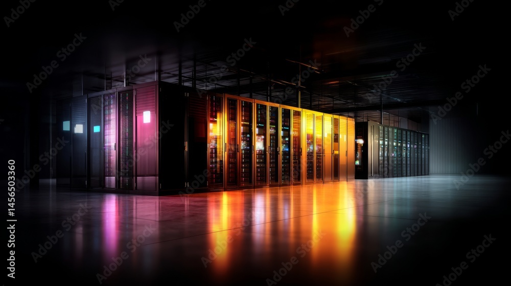 Poster visualisation projection of internet connection in a working data center filled with rack servers an