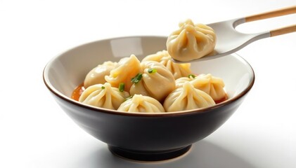 Steaming bowl of dumplings, chopsticks; isolated white background, porcelain, traditional, background