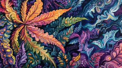 Vibrant, ornate floral design bursts from a central point, showcasing swirling, textured foliage in a tapestry of rich, bold colors.