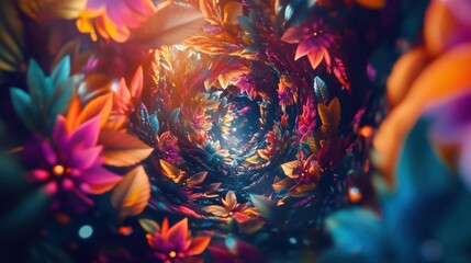 Vibrant floral tunnel.  A mesmerizing tunnel, filled with a kaleidoscope of vibrant flowers and leaves in a swirling vortex effect.  