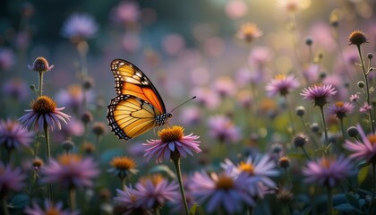 Obraz premium Delicate monarch butterfly feeding on vibrant wildflowers at sunrise nature scene close-up view springtime serenity for nature enthusiasts